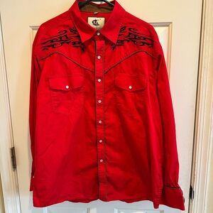 Coevals Club Men’s Red Western Long Sleeve Pearl Snap Embroidered Shirt XL